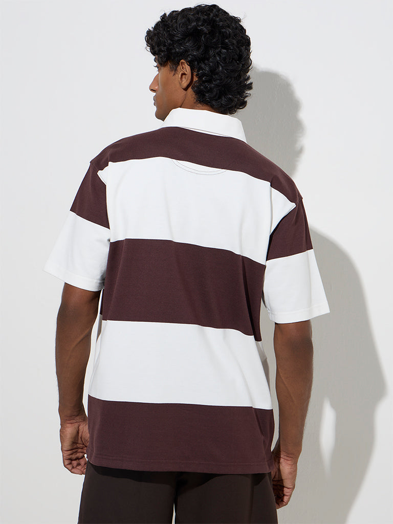 Westside WES Casuals Men's Brown Relaxed-Fit Cotton-Blend Polo T-Shirt for Casual Wear Back View