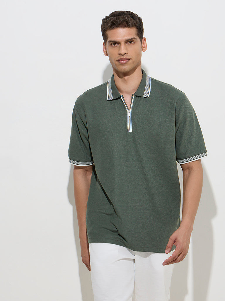 WES Casuals Olive Quarter Zip Polo T-Shirt - Main Image