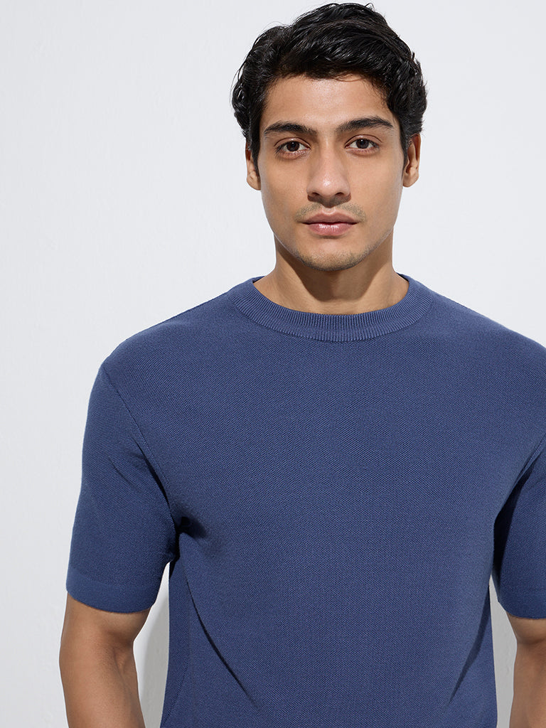 westisde WES Formals Men's Indigo Solid Slim-Fit T-Shirt for Work Wear Zoom View