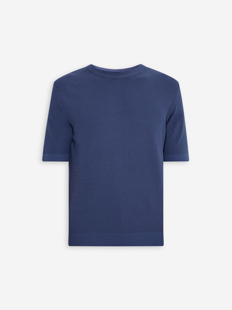 westisde WES Formals Men's Indigo Solid Slim-Fit T-Shirt for Work Wear Flatly View