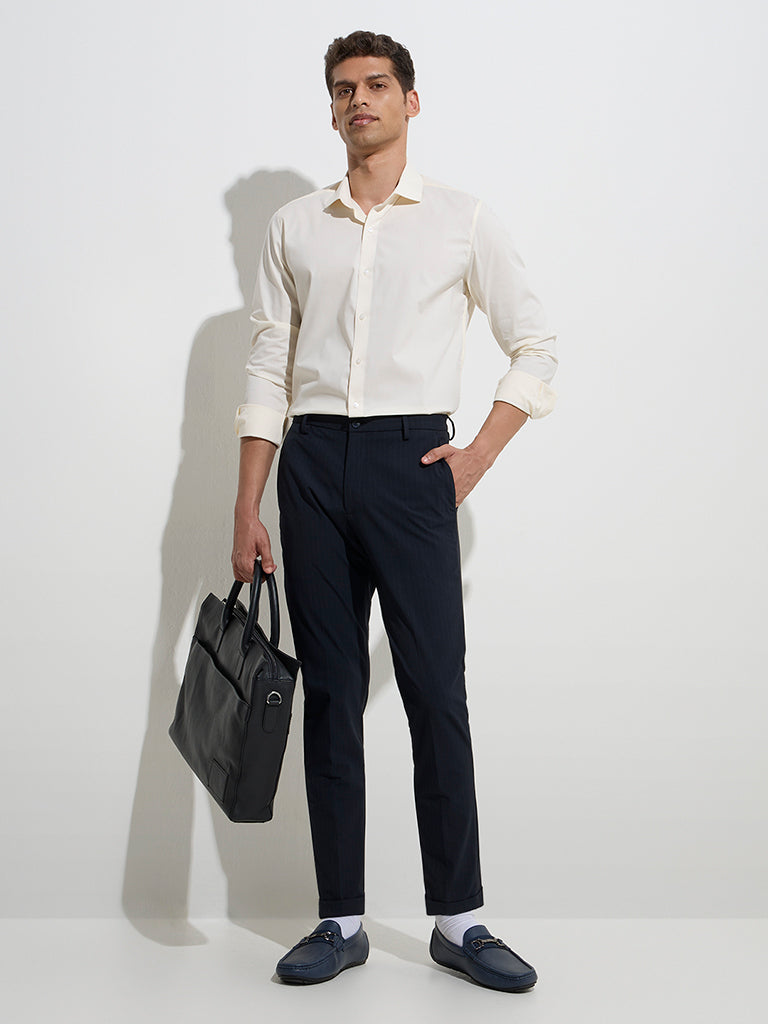 WES Formals Light Yellow Ultra-Slim Fit Cotton-Blend Shirt