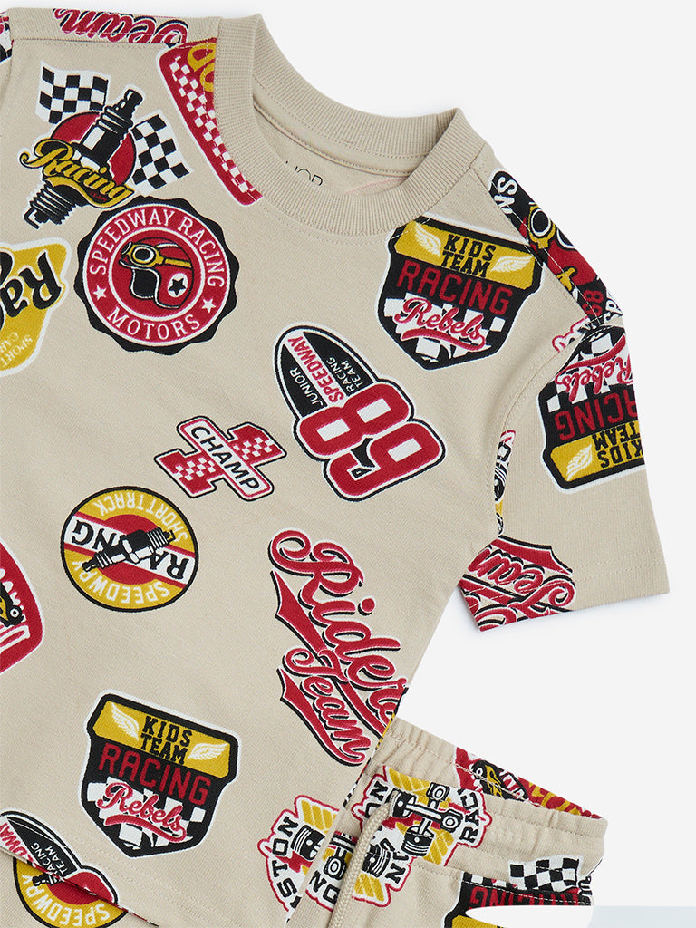 westisde HOP Boys' Kids Beige Printed Cotton T-Shirt and Shorts Set for Casual Wear Zoom View