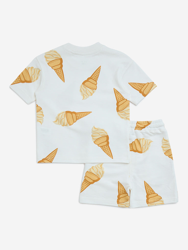 HOP Kids White Ice-Cream Design Cotton T-Shirt with Shorts Set