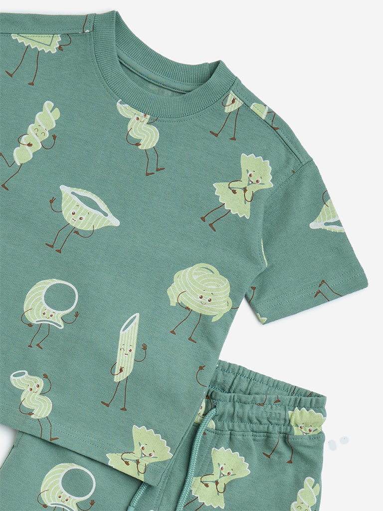 HOP Kids Dark Green Pasta-Themed Cotton T-Shirt with Shorts Set