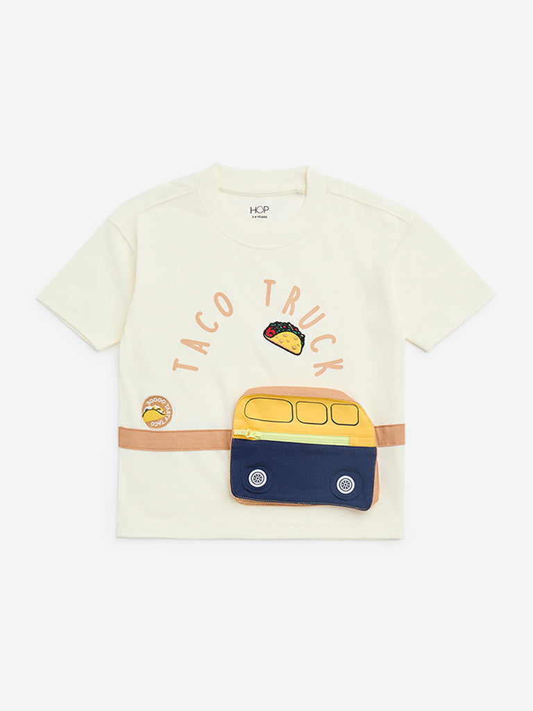 HOP Kids Light Beige Text Patterned Cotton T-Shirt