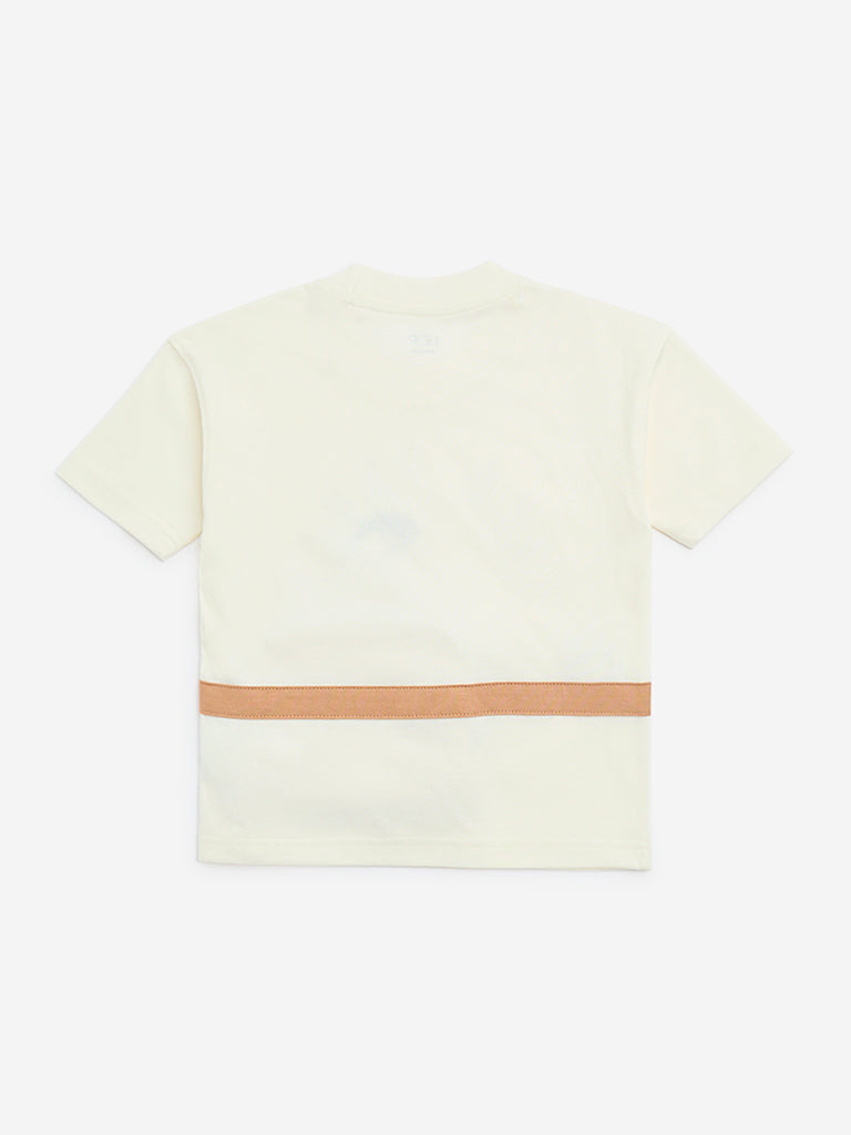 HOP Kids Light Beige Text Patterned Cotton T-Shirt
