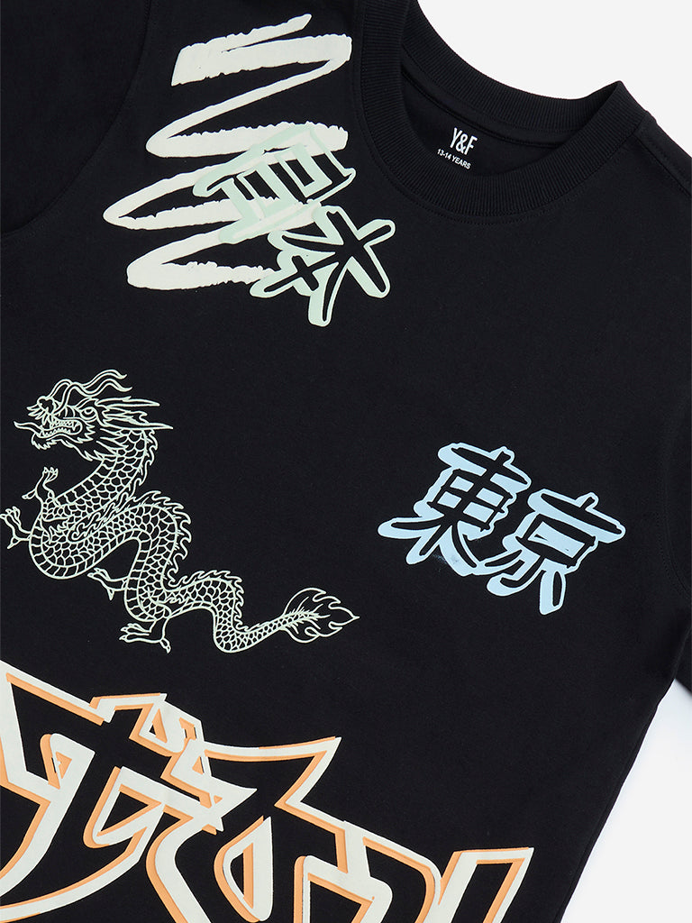 westisde Y&F Boys' Kids Black Printed Cotton T-Shirt for Casual Wear Zoom View