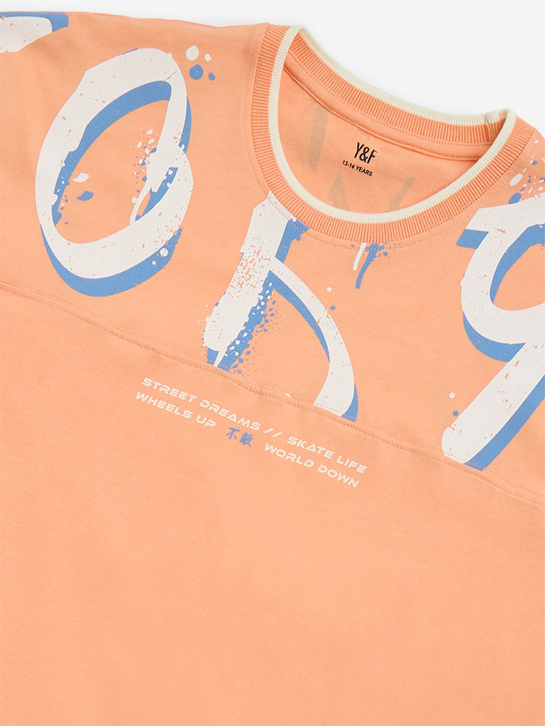 westisde Y&F Boys' Kids Orange Text Design Cotton T-Shirt for Casual Wear Zoom View