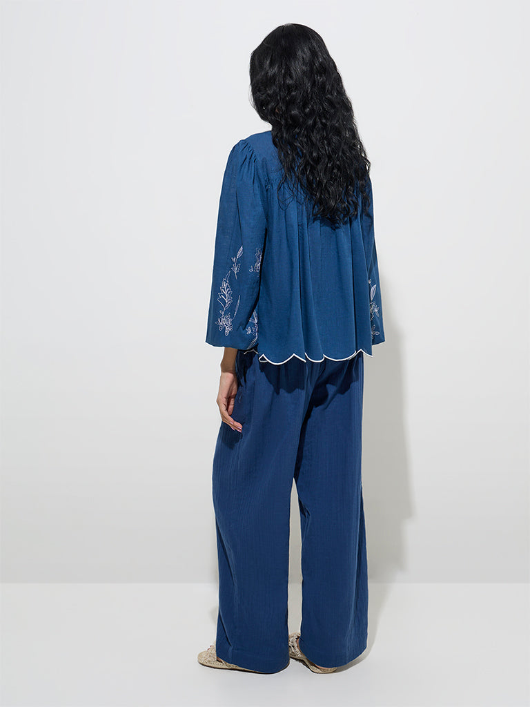 Westside Bombay Paisley Women's Indigo Floral Embroidered Cotton Blouse for Everyday Back View