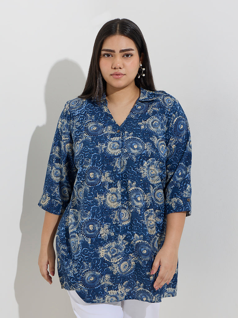 Westside Diza Women's Indigo Fruit Printed Tunic for Work Wear Front View