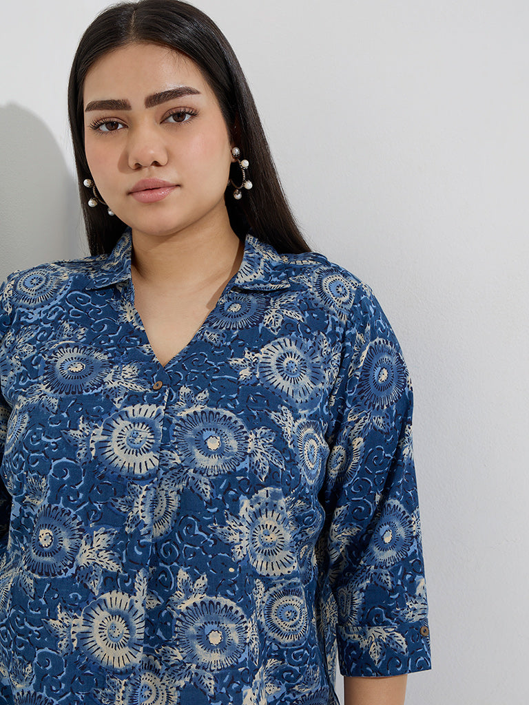 Westside Diza Women's Indigo Fruit Printed Tunic for Work Wear Zoom View