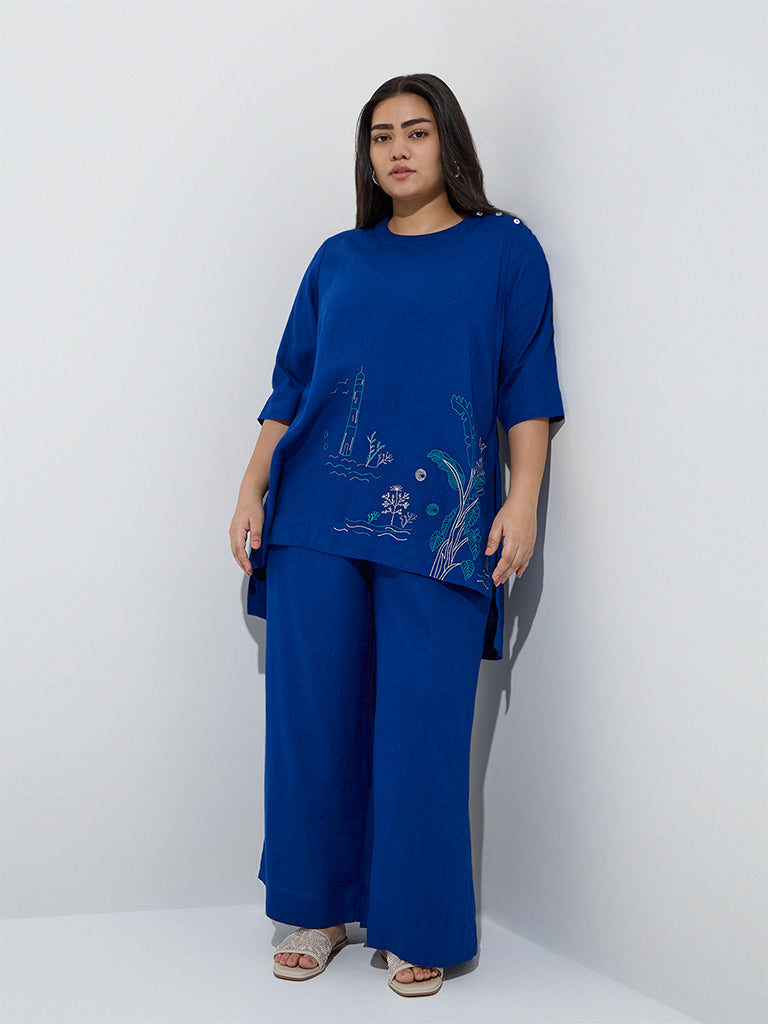 westisde Diza Women's Blue Embroidered High-Low Tunic for Work Wear Full Model View