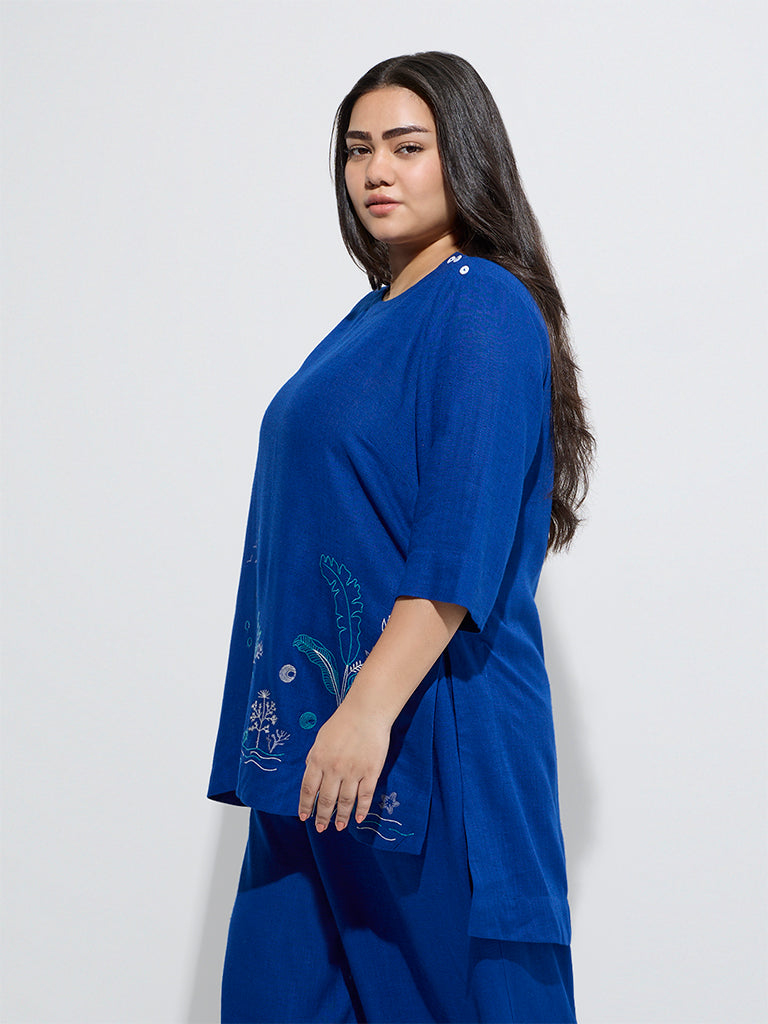 westisde Diza Women's Blue Embroidered High-Low Tunic for Work Wear Front View
