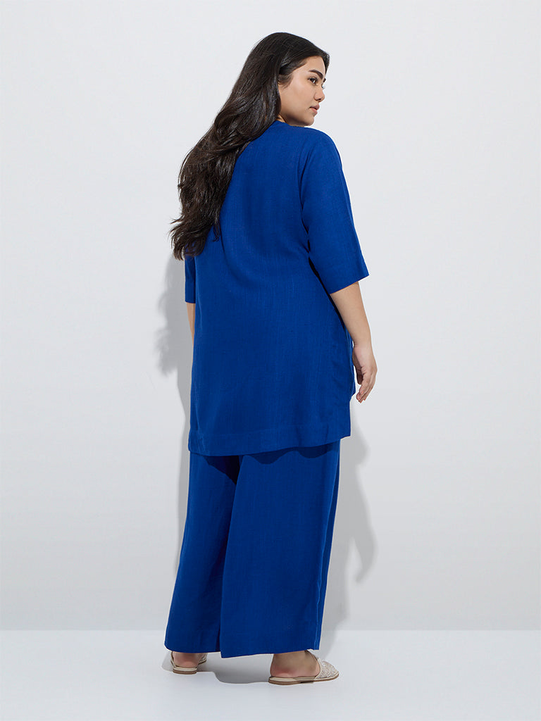 westisde Diza Women's Blue Embroidered High-Low Tunic for Work Wear Back View