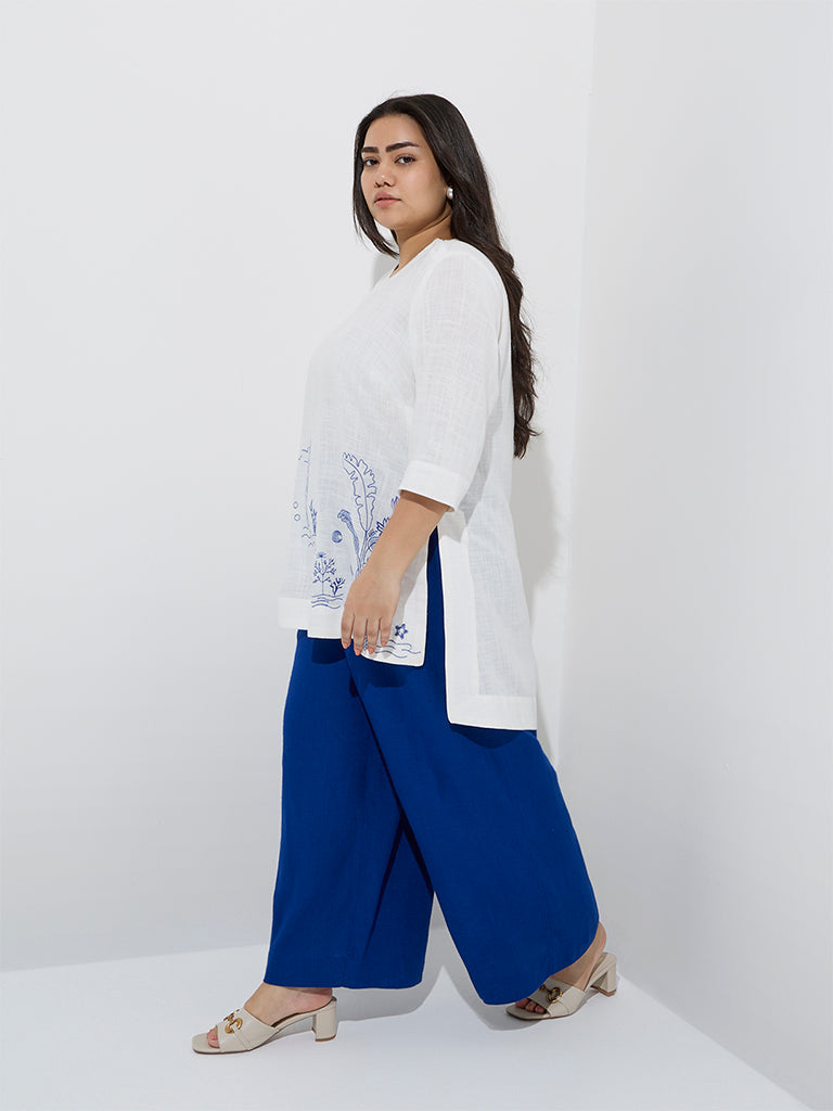 westisde Diza Women's White Embroidered Tunic for Work Wear Full Model View