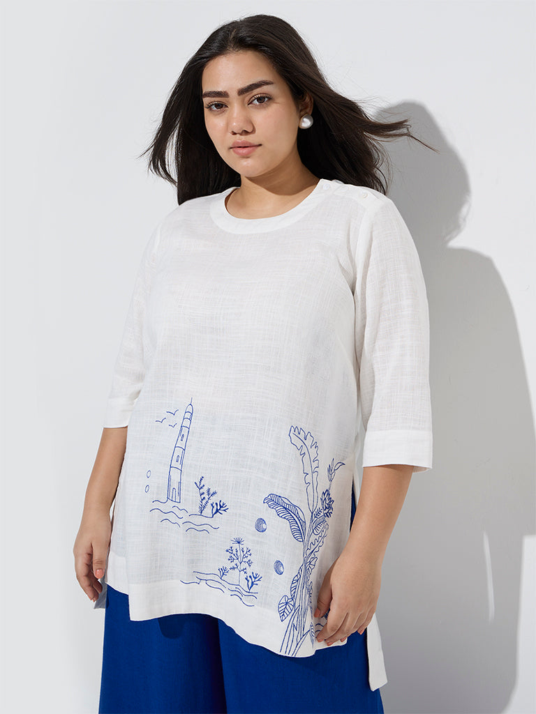 westisde Diza Women's White Embroidered Tunic for Work Wear Front View