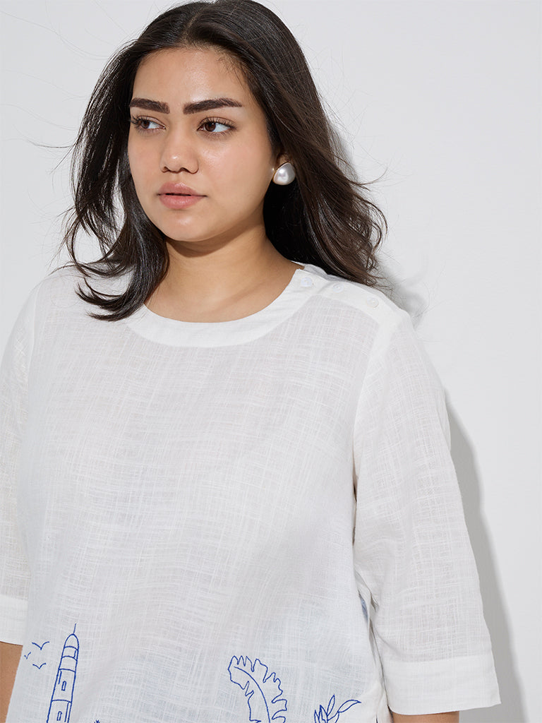 westisde Diza Women's White Embroidered Tunic for Work Wear Zoom View