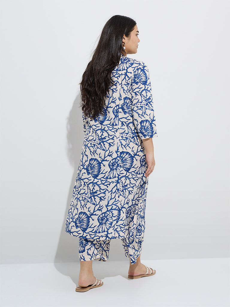 westisde Diza Women's Blue Marine-Inspired A-Line Kurta for Work Wear Back View