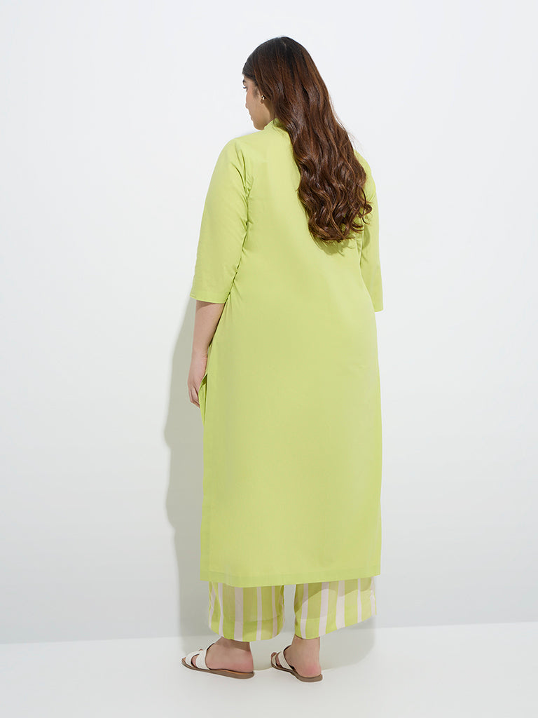 westisde Diza Women's Lime Botanical Design A-Line Cotton Kurta for Work Wear Back View