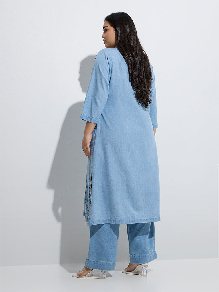 westisde Diza Women's Light Blue Embroidered Cotton-Blend A-Line Kurta for Work Wear Back View