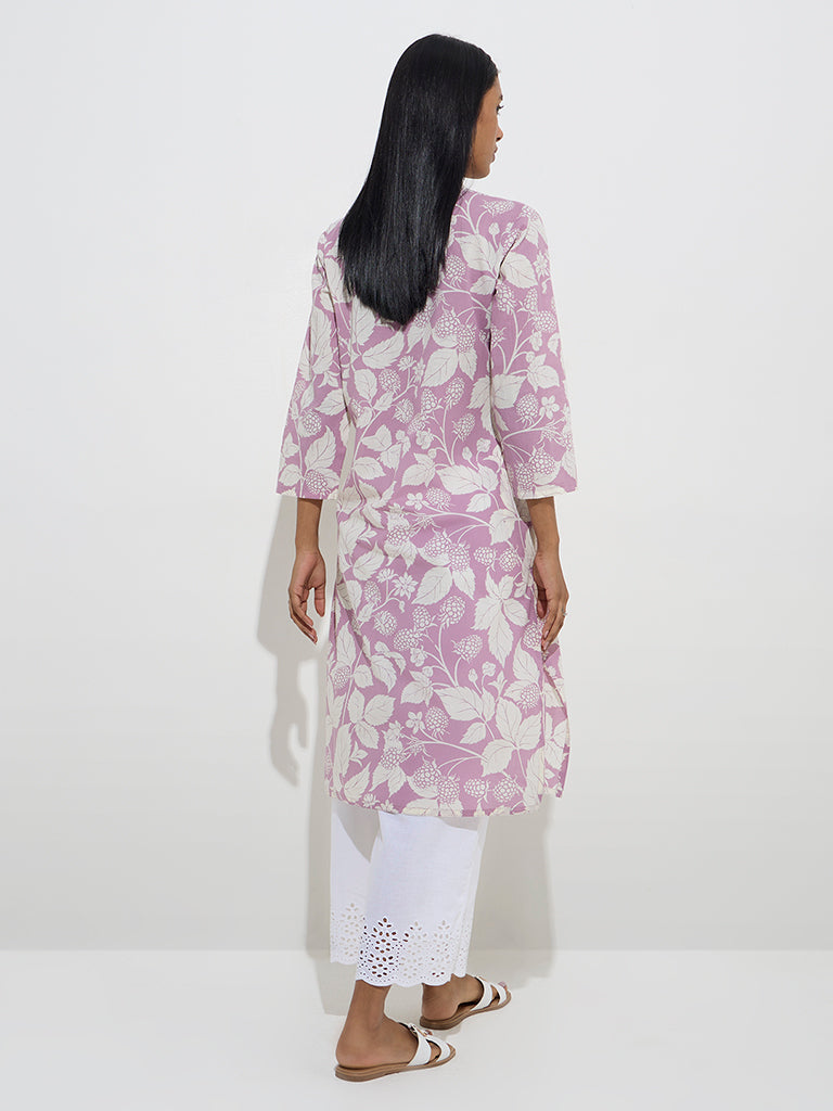 Westside Utsa Women's Lilac Botanical Printed Cotton Straight Kurta for Everyday Back View