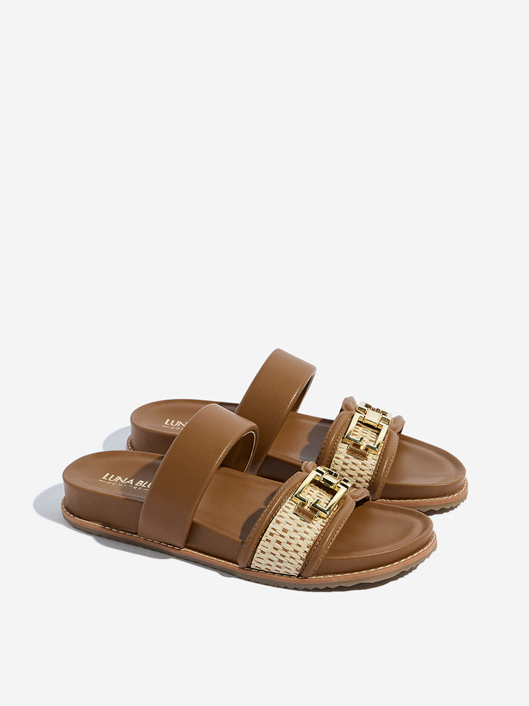 Westside LUNA BLU Women's Tan Raffia Detailed Comfort Sandals Front View