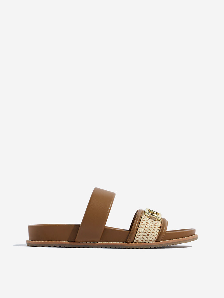 Westside LUNA BLU Women's Tan Raffia Detailed Comfort Sandals Side View