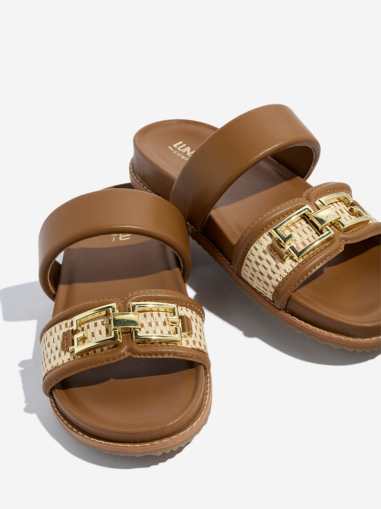 Westside LUNA BLU Women's Tan Raffia Detailed Comfort Sandals Zoomed View