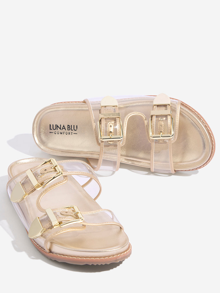Westside LUNA BLU Women's Gold Dual-Strap Slip-On Comfort Sandals Zoomed View
