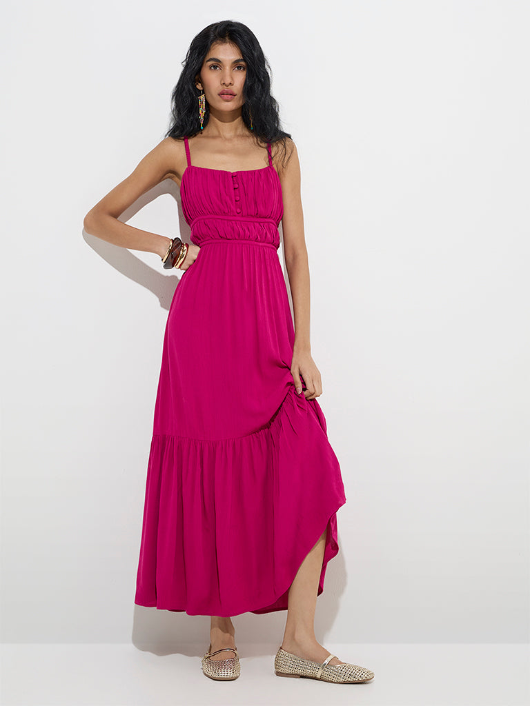 Nuon Fuchsia Crinkle-Textured Tiered Dress