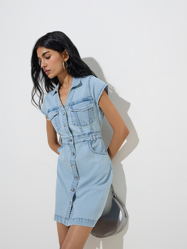 westisde Nuon Women's Blue Bodycon Denim Dress for Casual Wear Front View
