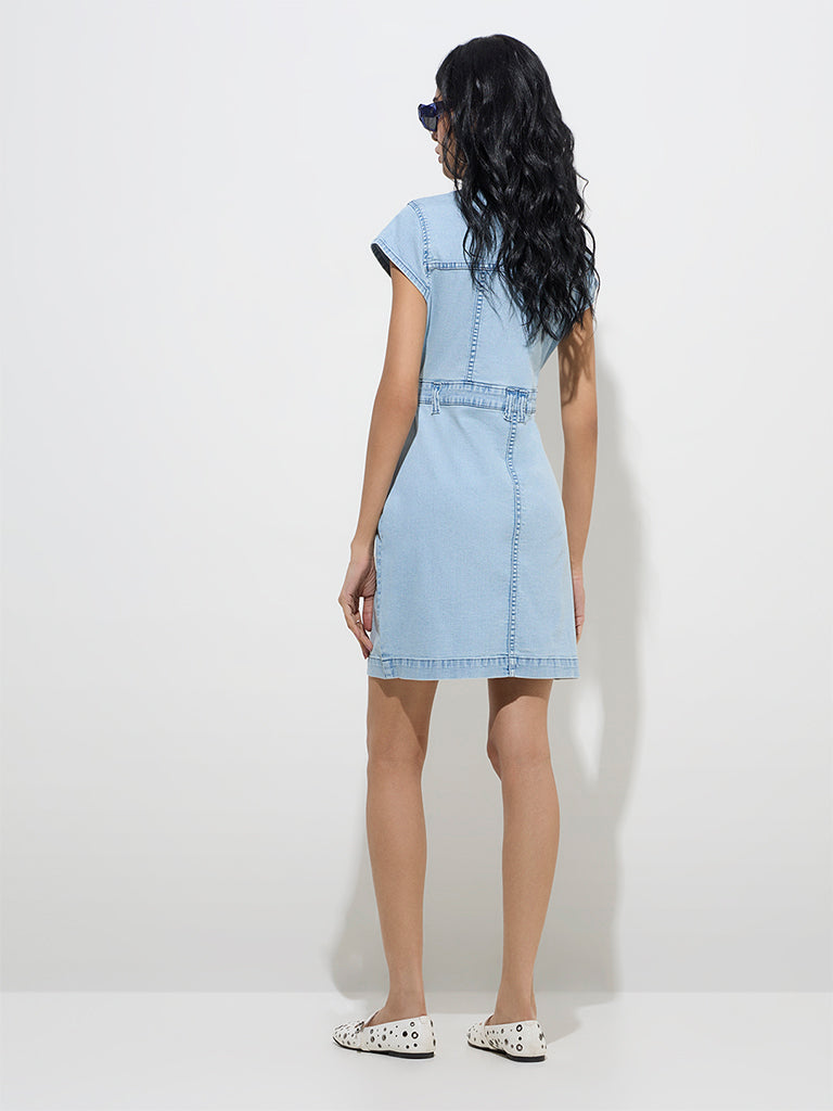 westisde Nuon Women's Blue Bodycon Denim Dress for Casual Wear Back View