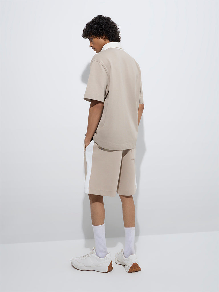westisde Studiofit Men's Beige Relaxed-Fit Mid-Rise Cotton-Blend Shorts for Sports Wear Back View