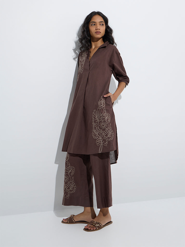Utsa Brown Floral Embroidered High-Low Cotton Kurta
