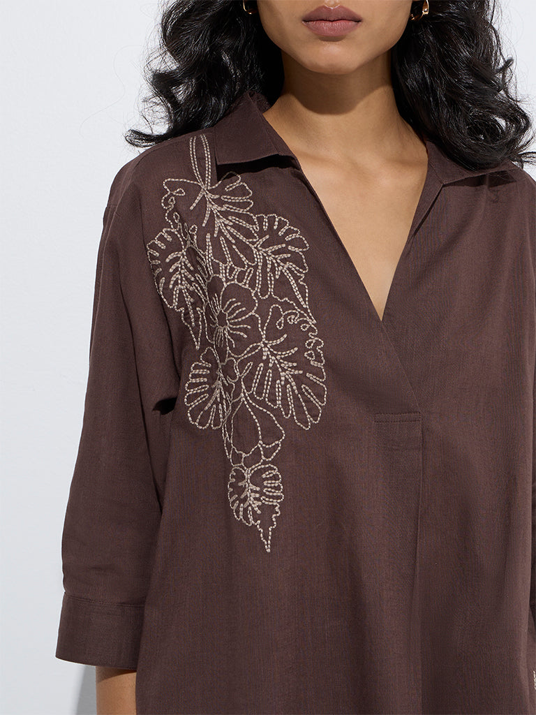 Utsa Brown Floral Embroidered High-Low Cotton Kurta