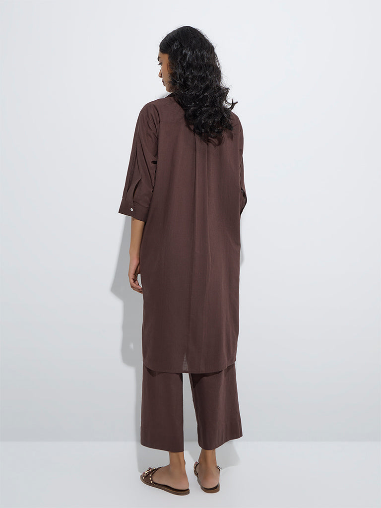 westisde Utsa Women's Brown Floral Embroidered High-Low Cotton Kurta for Work Wear Back View