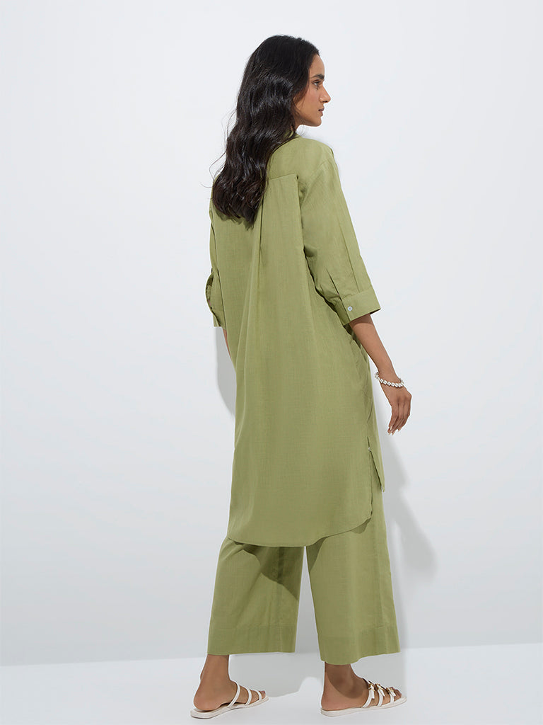 westisde Utsa Women's Olive Floral Embroidered Cotton A-Line Kurta for Work Wear Back View