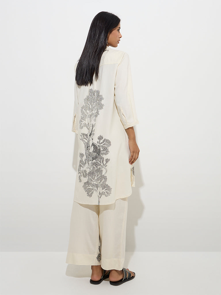 westisde Utsa Women's Off-White Botanical Design Straight Kurta for Work Wear Back View