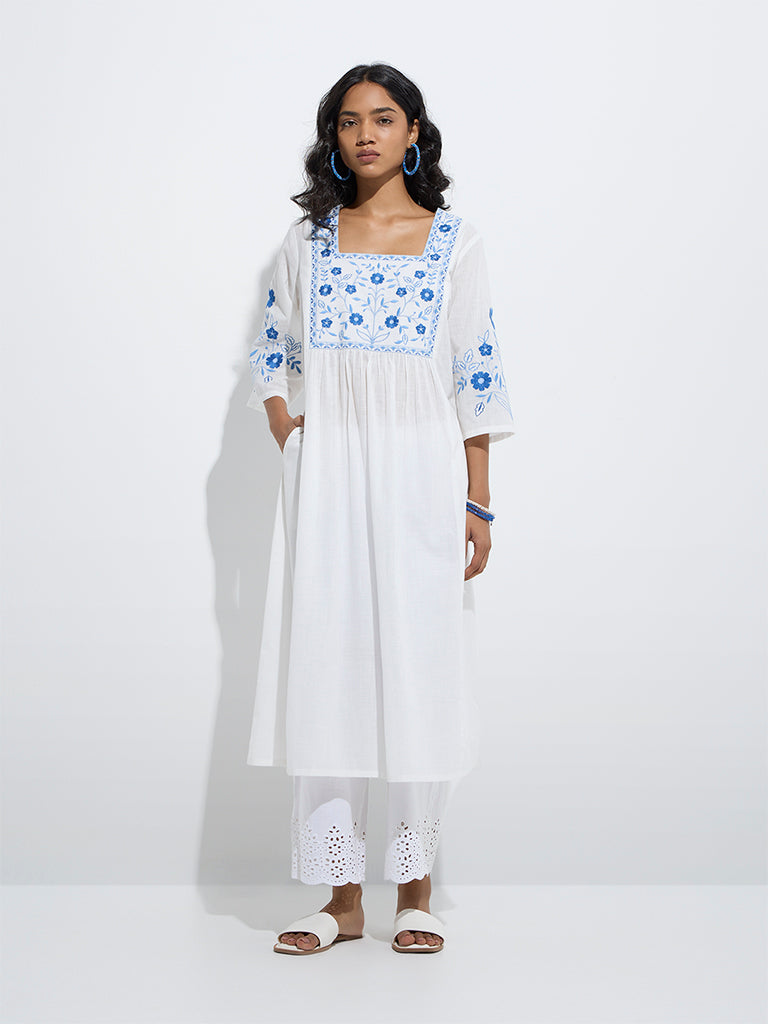 White Blue Cotton A-Line Kurta