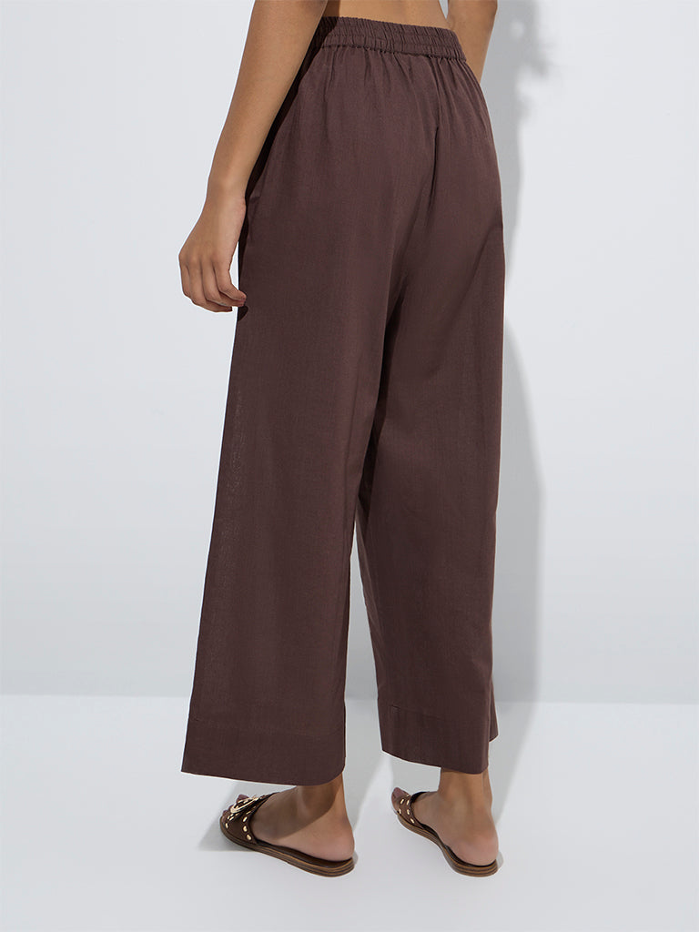 westisde Utsa Women's Brown Floral Embroidered Cotton Ethnic Pants for Everyday Back View