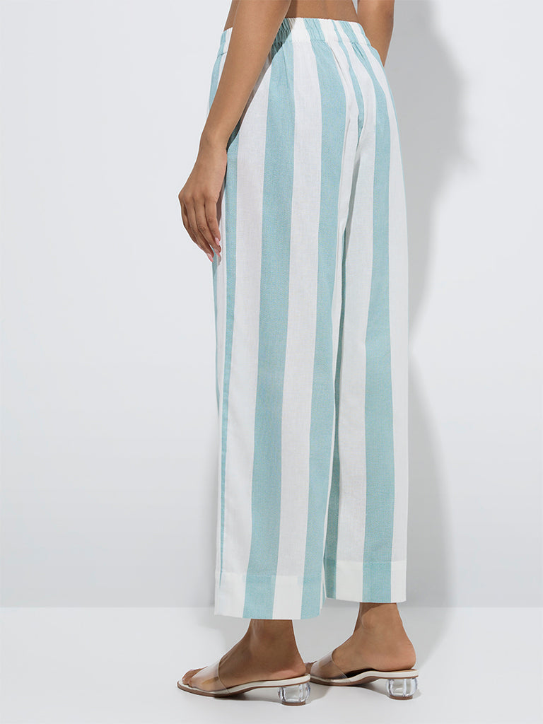 westisde Utsa Women's Turquoise Striped Cotton-Blend Ethnic Pants for Everyday Back View