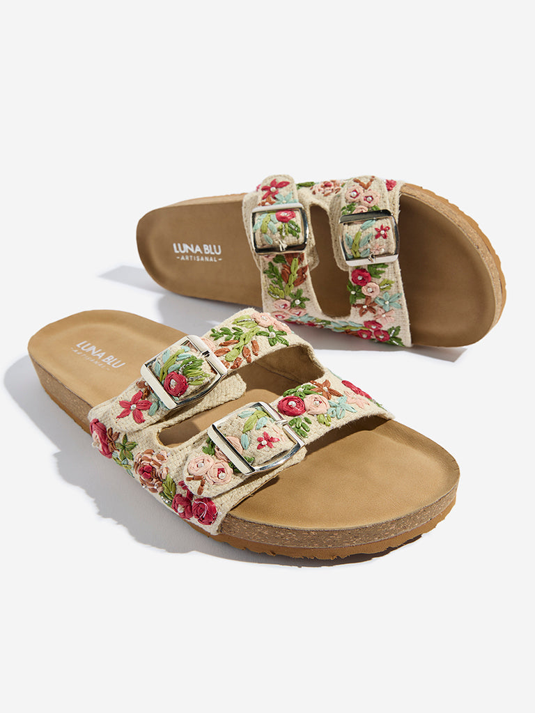 Westside LUNA BLU Women's Red Floral Embroidered Slip-On Sandals Zoomed View