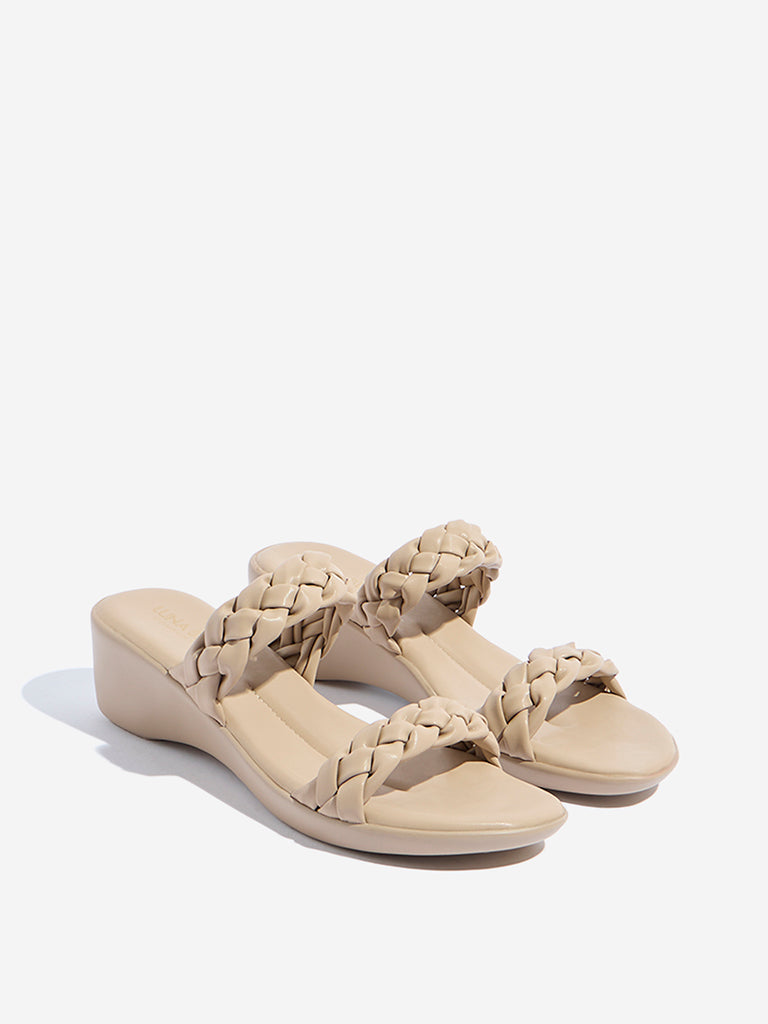 Westside LUNA BLU Women's Beige Woven-Textured Wedge Comfort Sandals for Casual Wear Front View