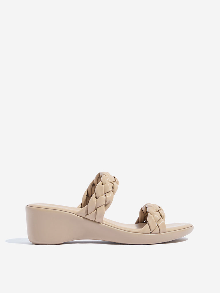 Westside LUNA BLU Women's Beige Woven-Textured Wedge Comfort Sandals for Casual Wear Side View