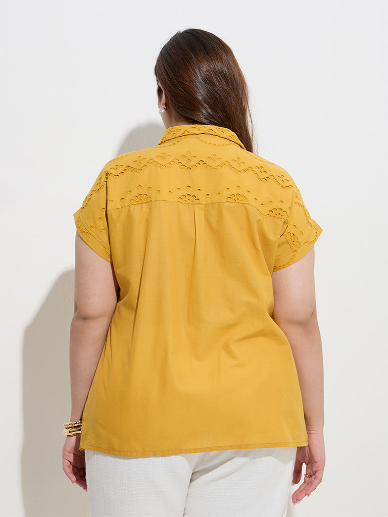 Westside Gia Women's Mustard Schiffli Detailed Cotton Shirt for Casual Wear Back View