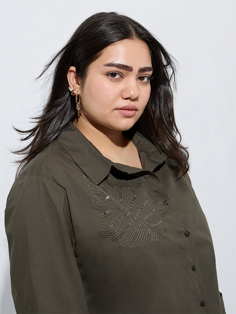 Gia Olive Embellished Cotton Shirt