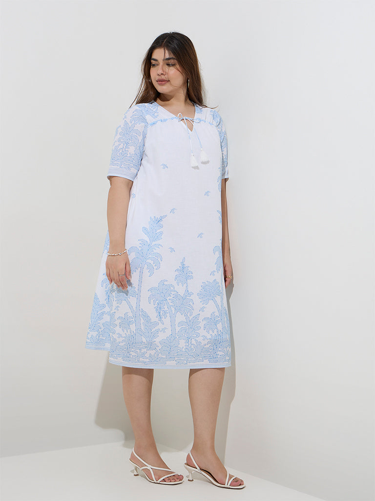 Gia White Tropical-Inspired Cotton-Blend A-Line Dress