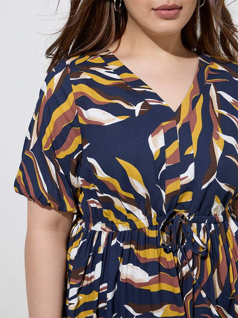 Gia Navy Leaf Printed A-Line Dress