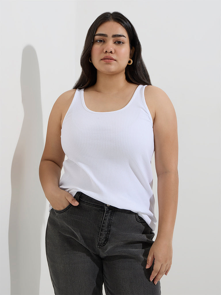 Gia White Ribbed Cotton-Blend Tank Top