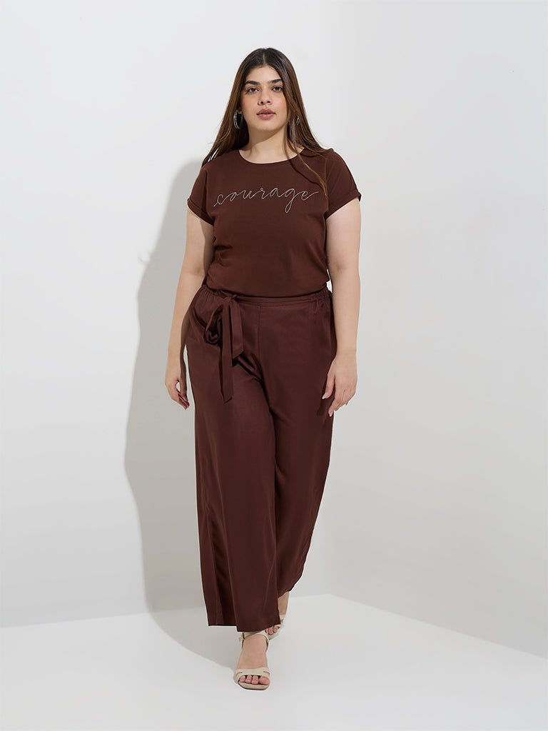 Gia Dark Brown Typographic Design Cotton T-Shirt